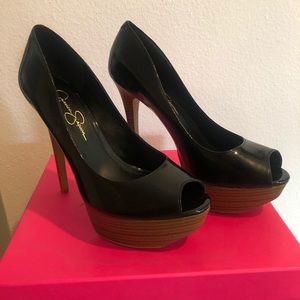 Black patent leather peep toe heels